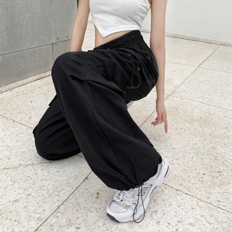Y2K Women Cargo Pants Vintage Streetwear Baggy Wide Leg Sweatpants Casual Drawstring Pocket Tech Joggers Trousers Men Pantalon