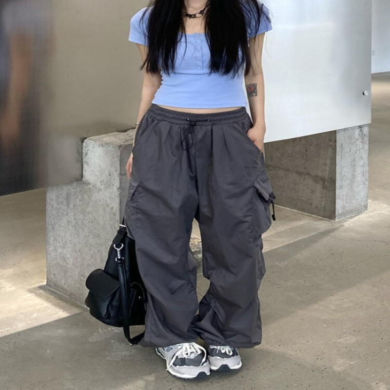 Y2K Women Cargo Pants Vintage Streetwear Baggy Wide Leg Sweatpants Casual Drawstring Pocket Tech Joggers Trousers Men Pantalon