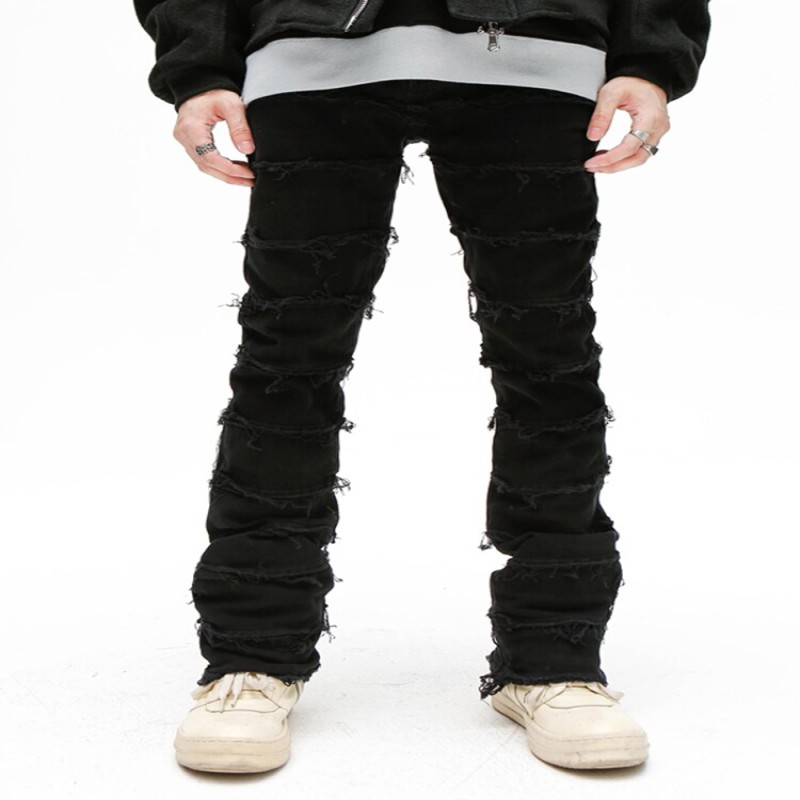 Mens Black Skinny Denim Jeans Heavy Destruction Ripped Biker Jeans European American Streetwear Hip Hop Baggy Pants for Men