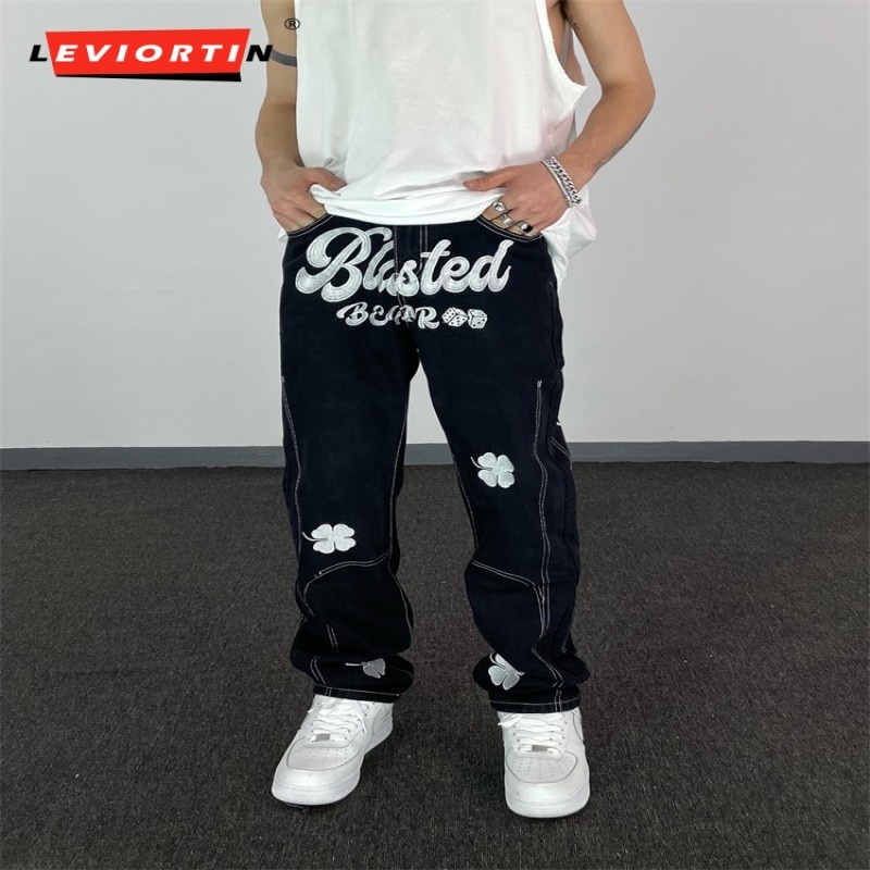 High Street Letter Embroidered Fried Street Pants Hip Hop Retro Loose Mens Denim Trousers Straight Streetwear Casual Jeans Pants