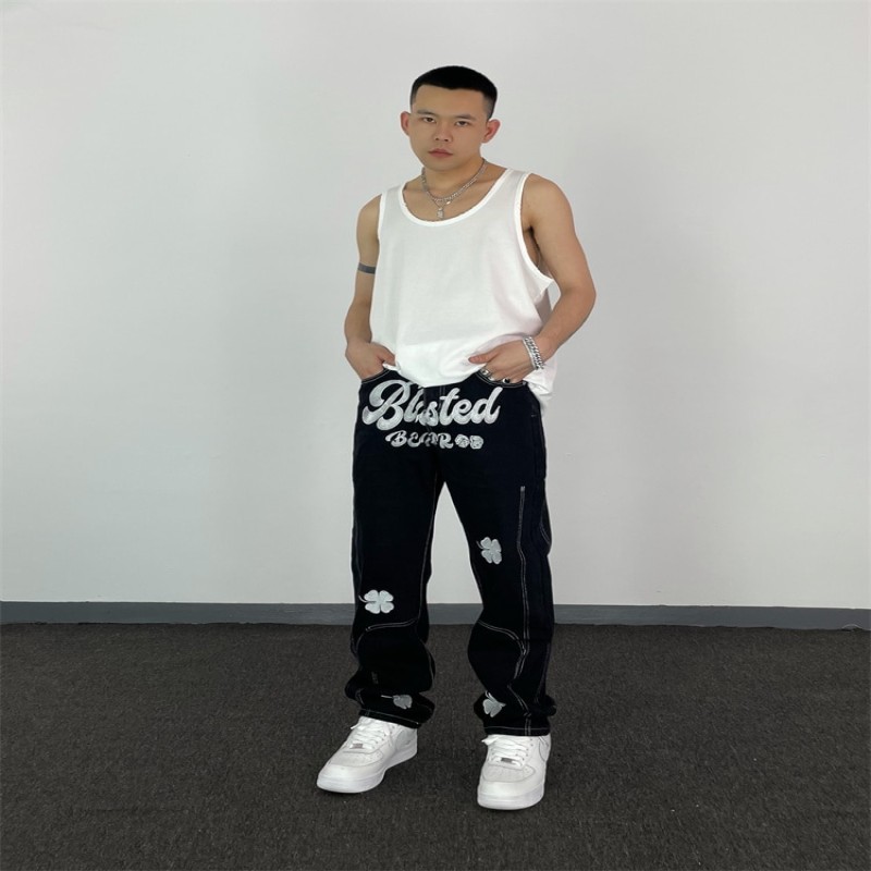 High Street Letter Embroidered Fried Street Pants Hip Hop Retro Loose Mens Denim Trousers Straight Streetwear Casual Jeans Pants