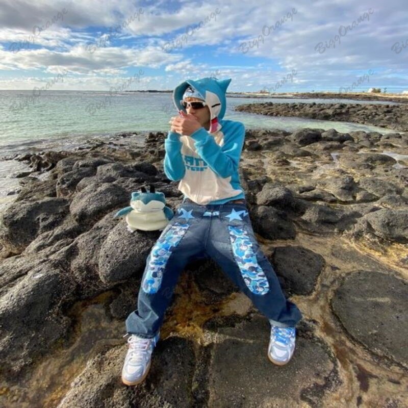 American teen street style camouflage patch jeans men niche explosive cargo pants high street y2k winter thick jeans