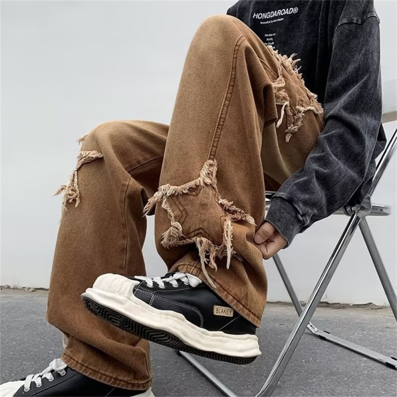 Y2K 2023 New Fashion Star Towel Embroidery Brown Baggy Men's Jeans Pants Y2K Clothes Straight Hip hop cotton Pants Long Pants