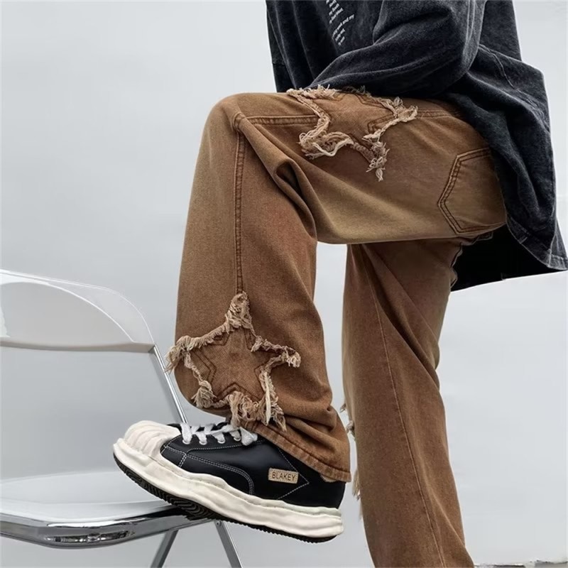 Y2K 2023 New Fashion Star Towel Embroidery Brown Baggy Men's Jeans Pants Y2K Clothes Straight Hip hop cotton Pants Long Pants