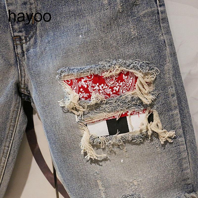 Men's Korean style ripped personalized inner lining washed denim shorts summer stitching five-point jeans