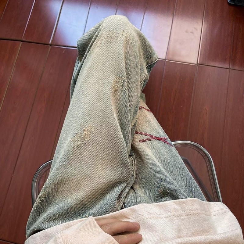 DEEPTOWN Embroidery Washed Jeans Black Blue Straight Leg Loose Casual Youth Denim Pants Streetwear Fashion Trousers Male Hip hop