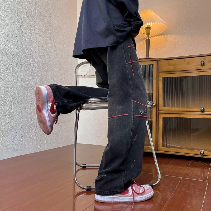 DEEPTOWN Embroidery Washed Jeans Black Blue Straight Leg Loose Casual Youth Denim Pants Streetwear Fashion Trousers Male Hip hop