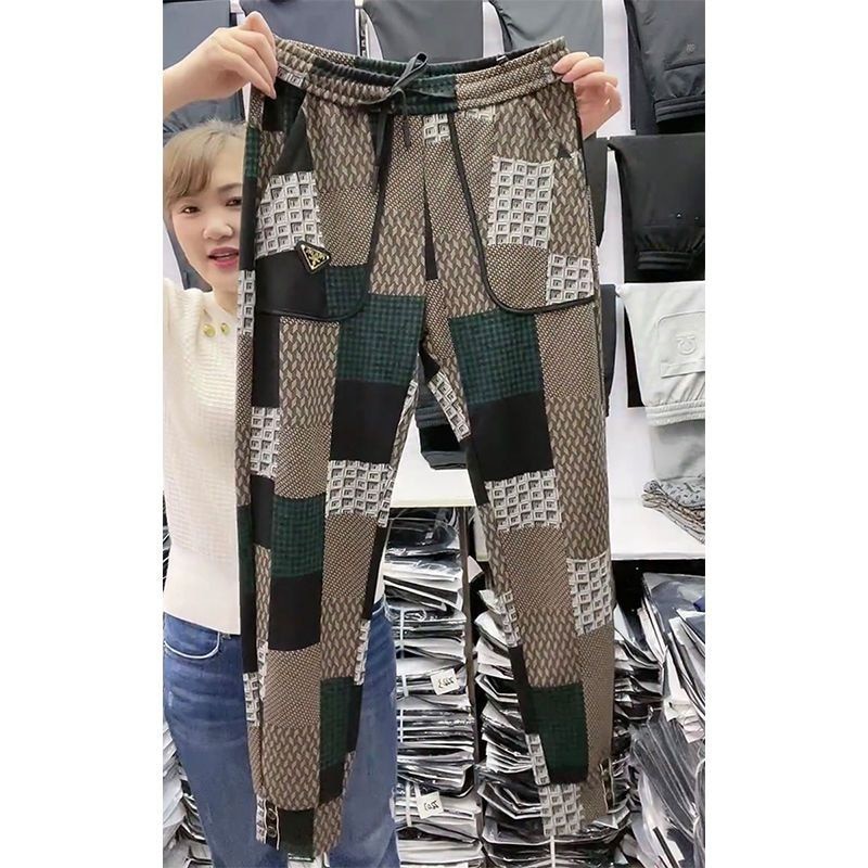Color-blocking Plaid Casual Pants Men's Trendy Self-cultivation Pencil Pants All-match Elastic Beamed Feet Splicing Harem Pants