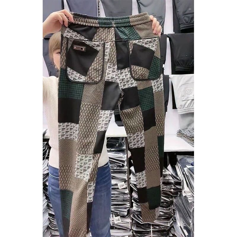 Color-blocking Plaid Casual Pants Men's Trendy Self-cultivation Pencil Pants All-match Elastic Beamed Feet Splicing Harem Pants