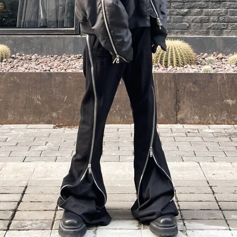 High Quality Luxury Multi-Zip Pants Black Denim Hip-Hop Pant Flared Jeans Man Trousers