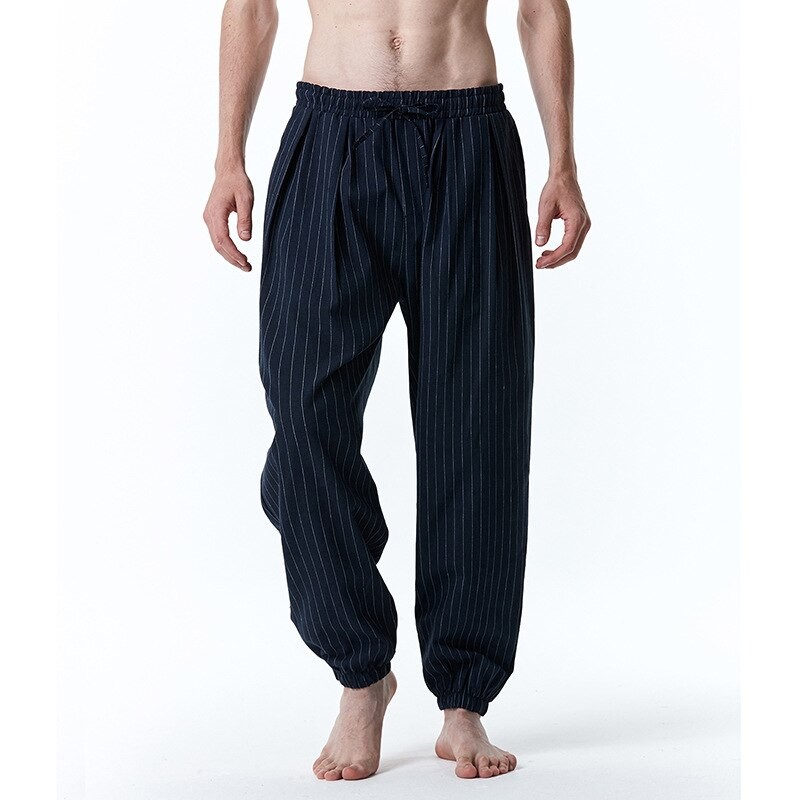 Mens Black Striped Casual Pants Lightweight Elastic Waist Summer Loose Yoga Beach Pants Trousers Men Streetwear Casual Clothing