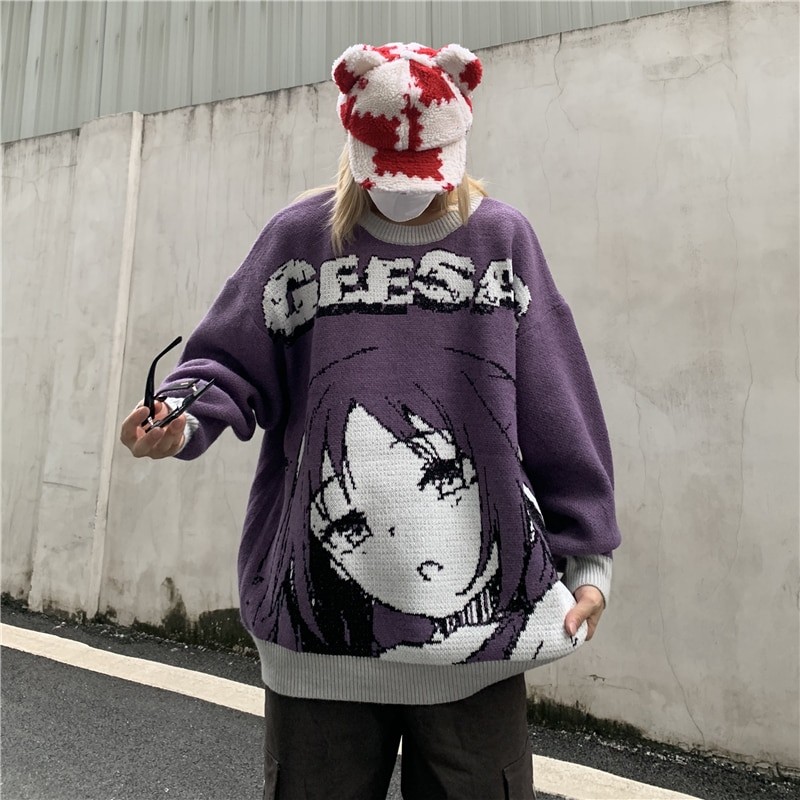 Oversized Sweaters Men Women Japanese Anime Girl Pullovers O-Neck 2022 Autumn Streetwear Fashion Cotton Knitted Sweater Women