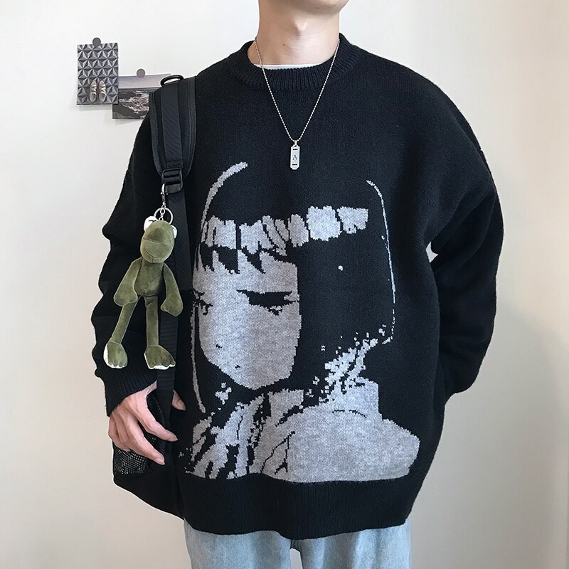 Harajuku Handsome Pullover Sweaters Oversized Japanese Anime Cartoon Men and Women Print Knitted Sweater Baggy Long Sleeves Tops