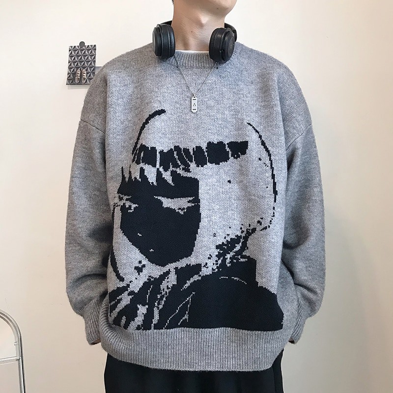 Harajuku Handsome Pullover Sweaters Oversized Japanese Anime Cartoon Men and Women Print Knitted Sweater Baggy Long Sleeves Tops