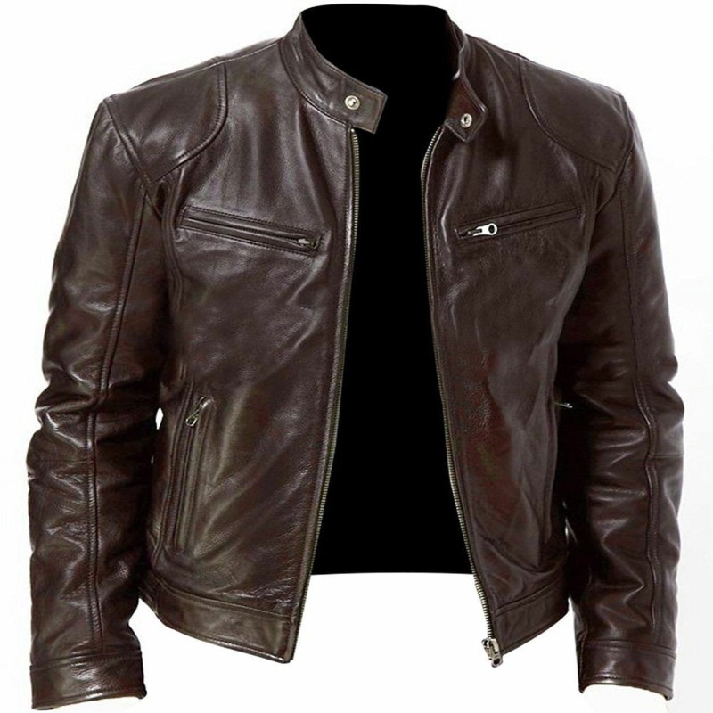 2023 Fashion Mens Leather Jacket Slim Fit Stand Collar PU Jacket Male Anti-wind Motorcycle Lapel Diagonal Zipper Jackets Men