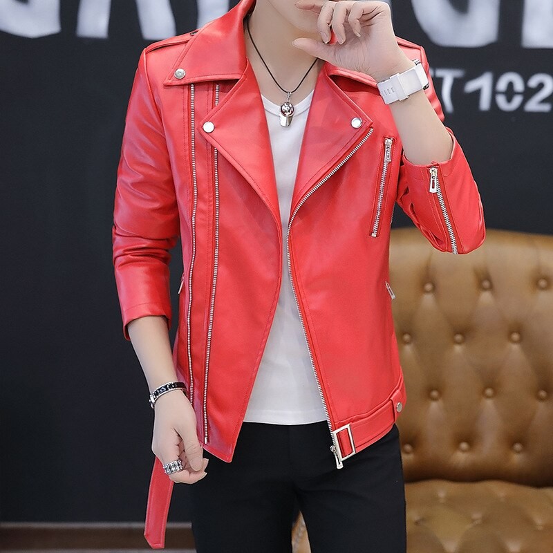 Punk Men PU Leather Jacket Motorcycle Oblique Zipper Slim Fit Faux Leather Coat Fashion Black Red White Slim Moto Jacket Man