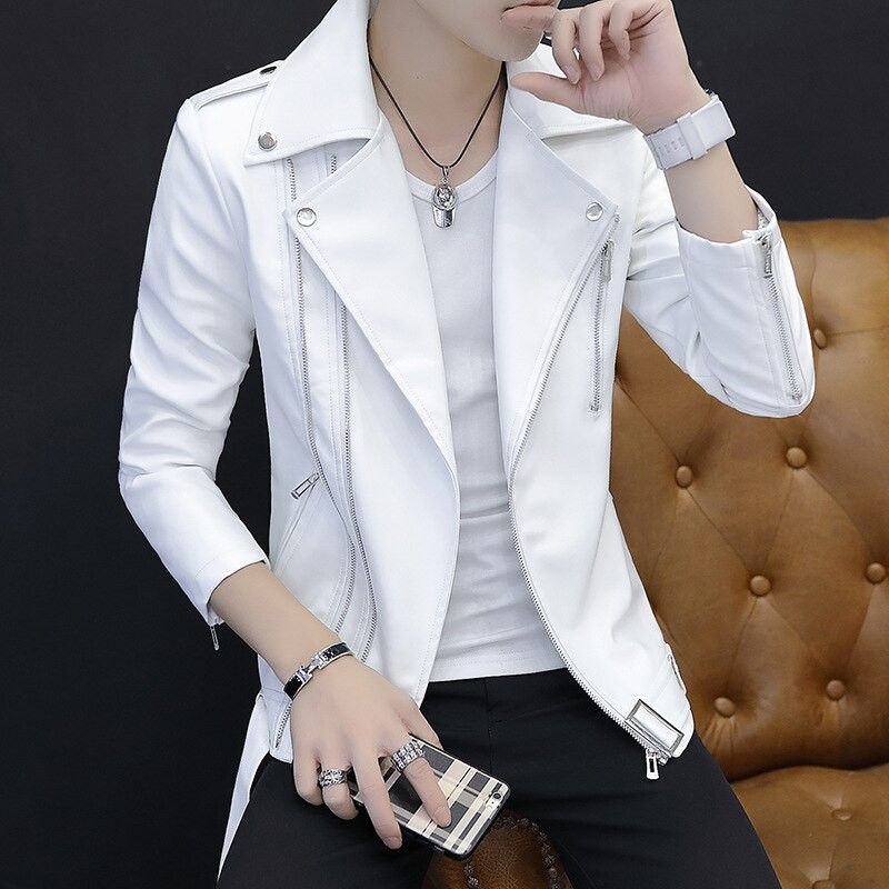 Punk Men PU Leather Jacket Motorcycle Oblique Zipper Slim Fit Faux Leather Coat Fashion Black Red White Slim Moto Jacket Man
