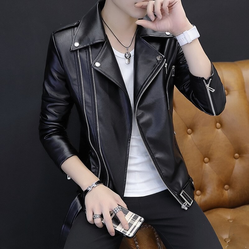 Punk Men PU Leather Jacket Motorcycle Oblique Zipper Slim Fit Faux Leather Coat Fashion Black Red White Slim Moto Jacket Man