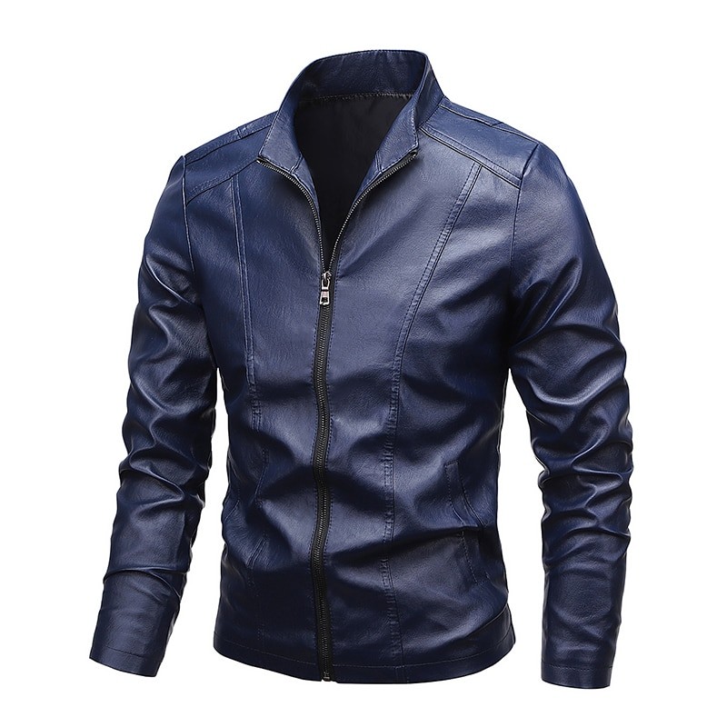 APPEARWAY Spring Autumn Leather Jacket Men Stand Collar Slim Pu Leather Jacket Motorcycle Coat Male Moto Biker Leather Coat
