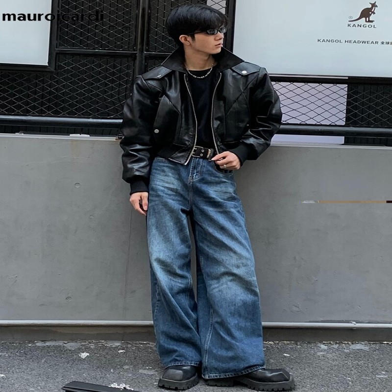 Mauroicardi Spring Autumn Cool Waterproof Black Pu Leather Jacket Men Shoulder Pads Long Sleeve Zipper Luxury Designer Clothes