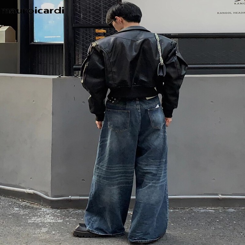 Mauroicardi Spring Autumn Cool Waterproof Black Pu Leather Jacket Men Shoulder Pads Long Sleeve Zipper Luxury Designer Clothes