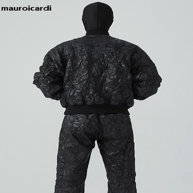 Mauroicardi Spring Cool Oversized Black Pu Leather Bomber Jacket Men with Shoulder Pads Long Sleeve Zipper Runway Fashion 2023