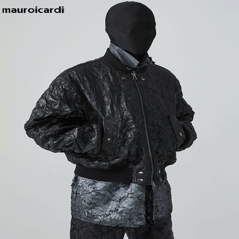 Mauroicardi Spring Cool Oversized Black Pu Leather Bomber Jacket Men with Shoulder Pads Long Sleeve Zipper Runway Fashion 2023