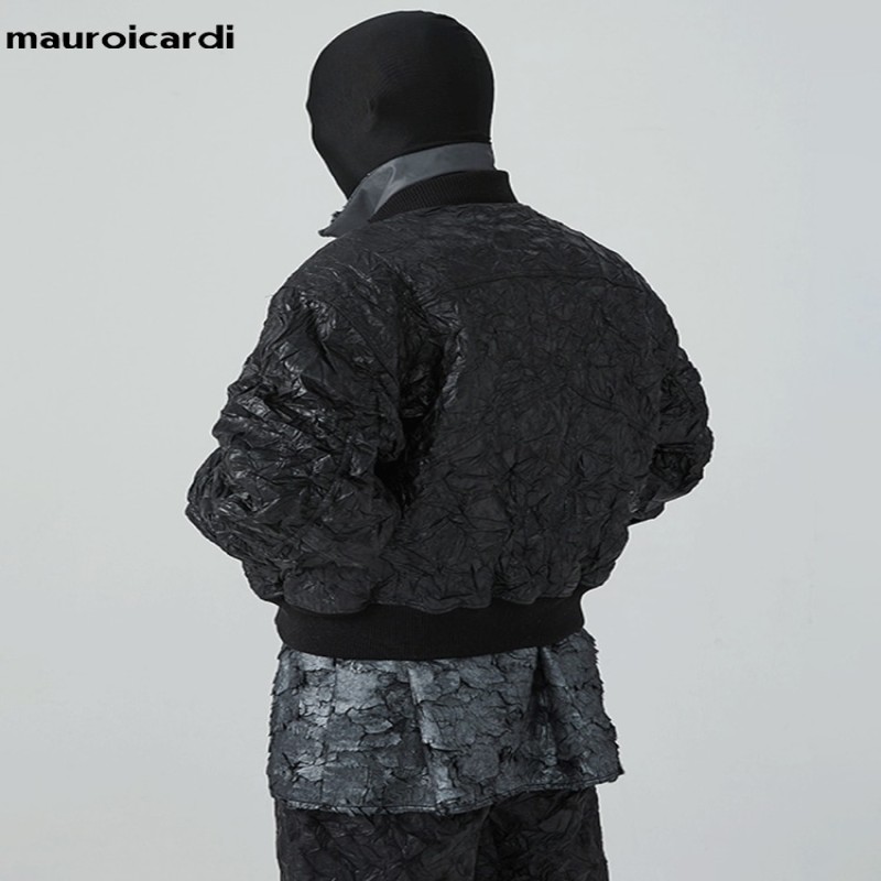 Mauroicardi Spring Cool Oversized Black Pu Leather Bomber Jacket Men with Shoulder Pads Long Sleeve Zipper Runway Fashion 2023