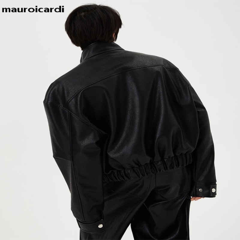 Mauroicardi Spring Autumn Short Black Oversized Shiny Reflective Patent Leather Jacket Men Zip Up Designer Y2K Clothes Fashion