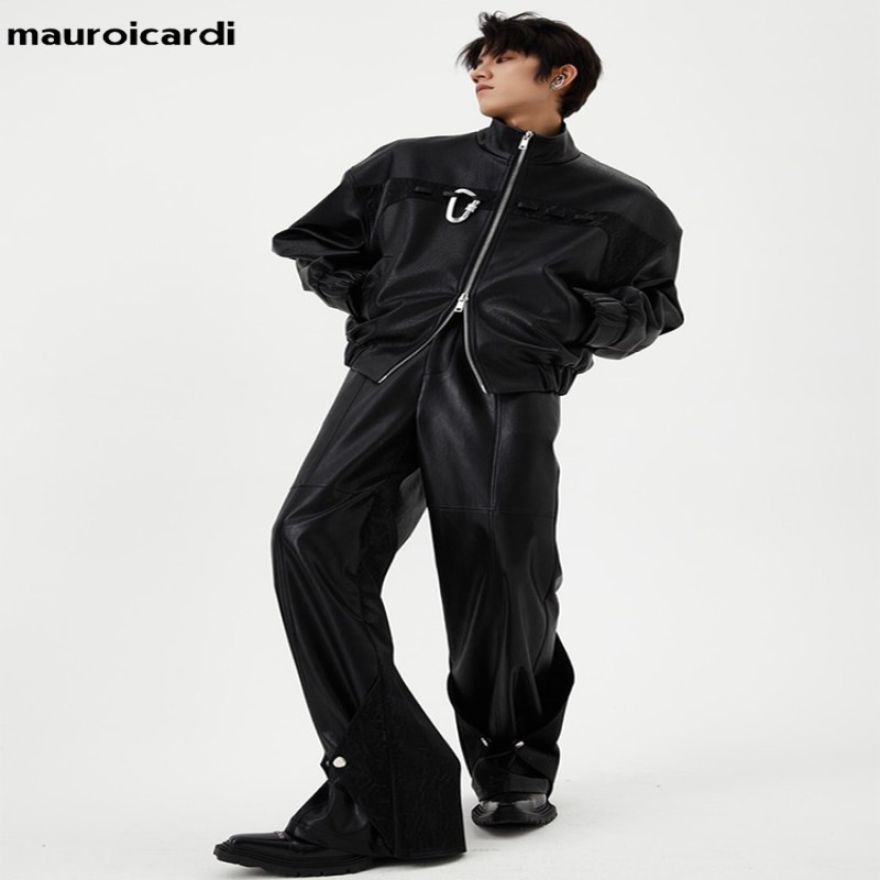Mauroicardi Spring Autumn Short Black Oversized Shiny Reflective Patent Leather Jacket Men Zip Up Designer Y2K Clothes Fashion