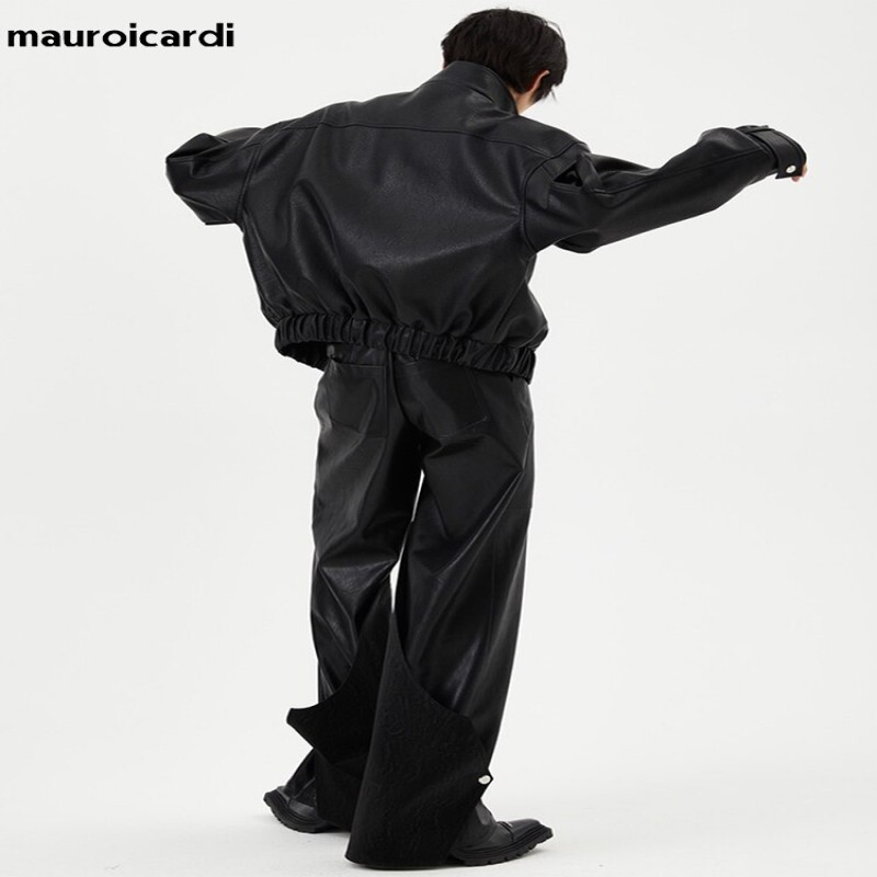Mauroicardi Spring Autumn Short Black Oversized Shiny Reflective Patent Leather Jacket Men Zip Up Designer Y2K Clothes Fashion
