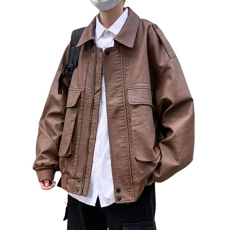 Men And Women's Leather Jackets Lapels Jeans Coats Large Pockets Loose Casual PU Leather Clothes
