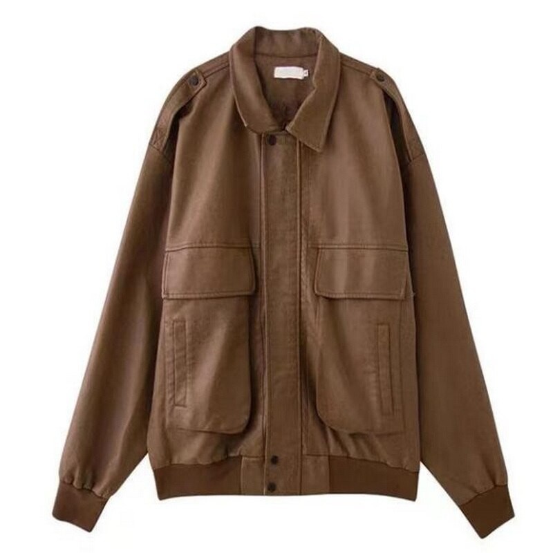 Men And Women's Leather Jackets Lapels Jeans Coats Large Pockets Loose Casual PU Leather Clothes