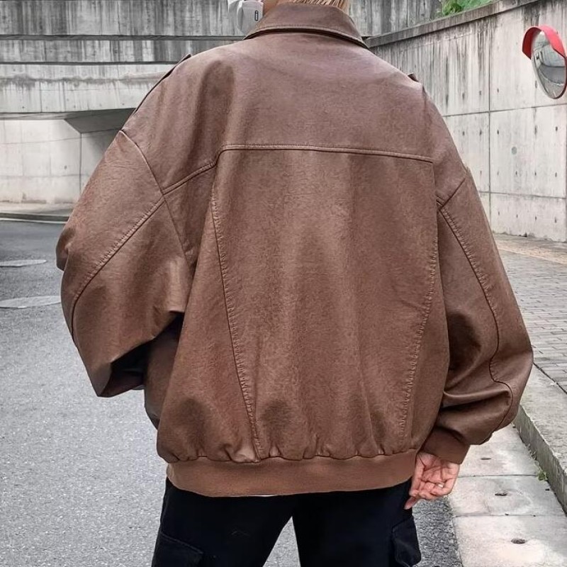 Men And Women's Leather Jackets Lapels Jeans Coats Large Pockets Loose Casual PU Leather Clothes