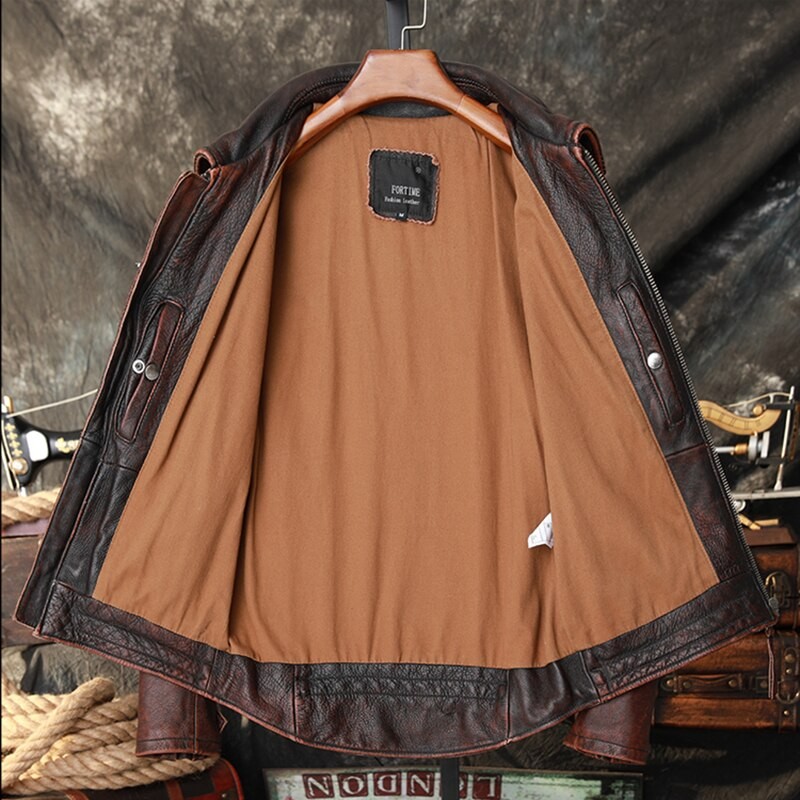 2023 New Pilot Leather Jacket Men's Slim Lapel High Quality Retro Motorcycle Leather Jacket Fashionable Old Classic