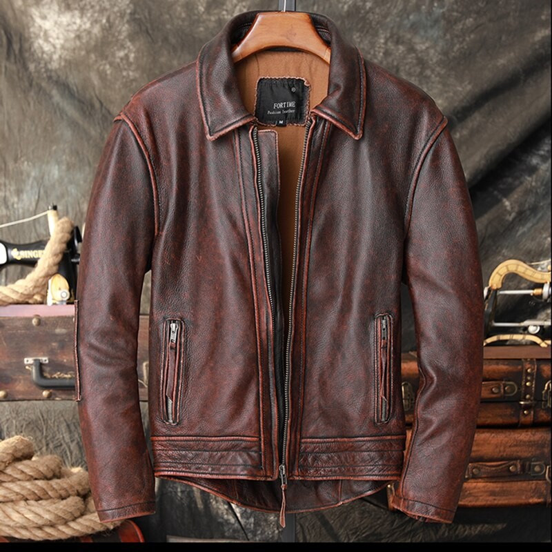 2023 New Pilot Leather Jacket Men's Slim Lapel High Quality Retro Motorcycle Leather Jacket Fashionable Old Classic