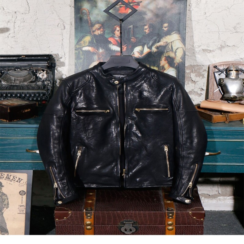 Free shipping.Biker Quality quality Italy oil tanned leather jacket.black thick luxury sheepskin coat.vintage slim clothes
