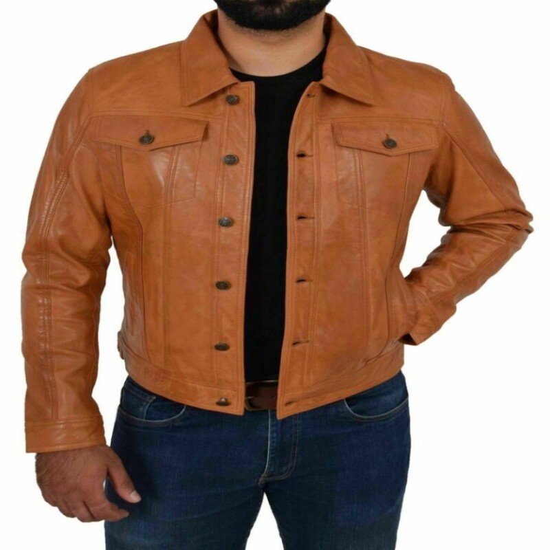 New Stylish Men Tan/Brown Vintage Lambskin Leather Jeans Style Jacket