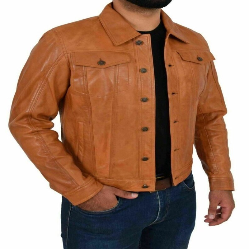 New Stylish Men Tan/Brown Vintage Lambskin Leather Jeans Style Jacket