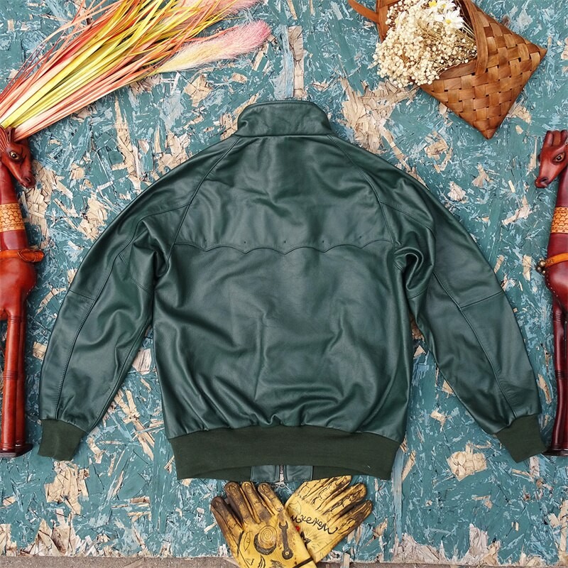 Free shipping.Italian calf leather jacket.green classic G9 style cowhide coat.quality soft real leather.fashion young leather