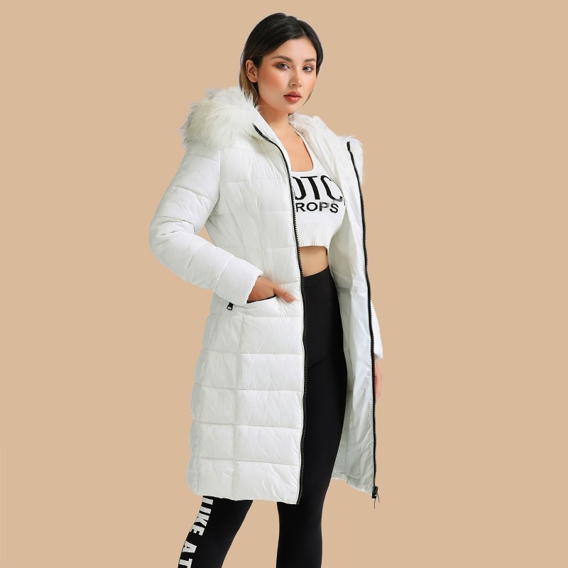 SANTELON Winter Thick Warm Long Parkas Coats For Women Casual White Puffer Jackets With  Fluffy Fake Fur Hooded Adjustable Waist