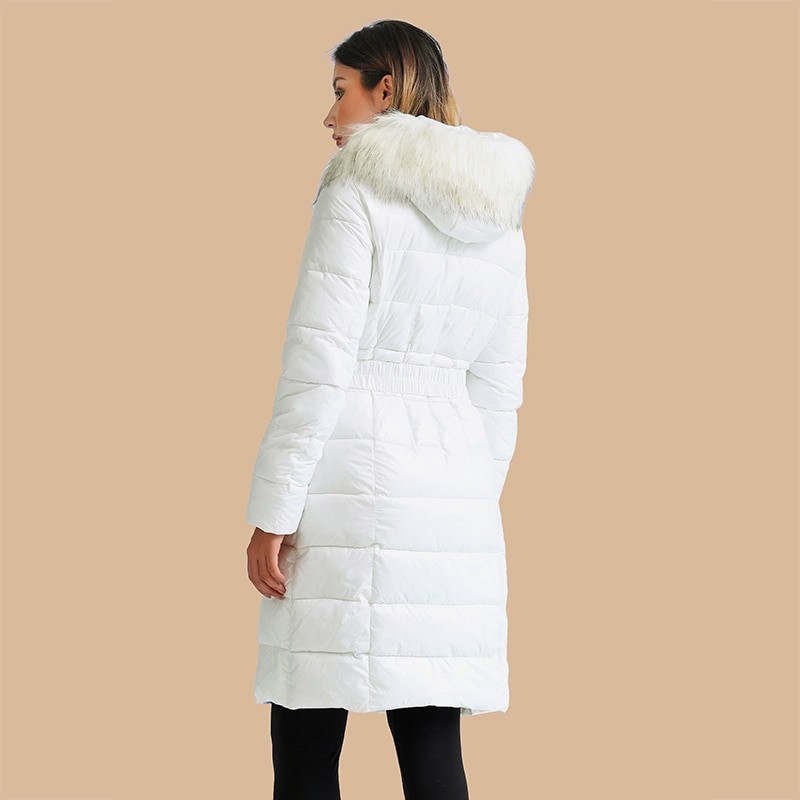 SANTELON Winter Thick Warm Long Parkas Coats For Women Casual White Puffer Jackets With  Fluffy Fake Fur Hooded Adjustable Waist