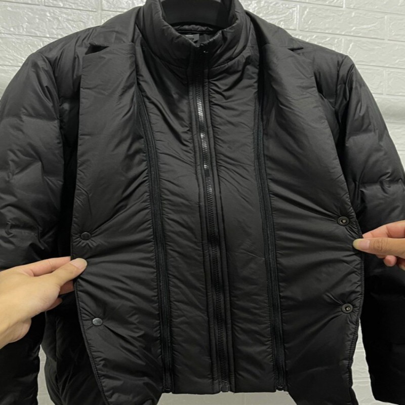 High Street Business Casual Winter Mens Black Blazer Thicken Down Coat Zipper Detachable Stand Collar Fashion Cold Jacket Male