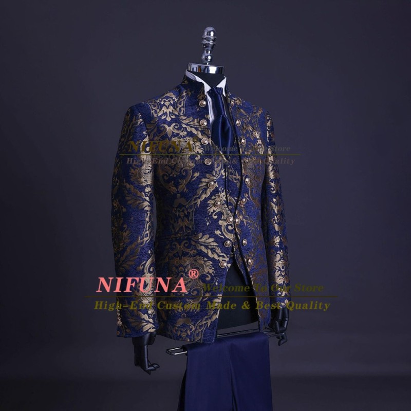 Gold Jacquard and Navy Blue Tuxedo Suits for Men Wedding Groom Party/Evening Suits Slim Fit 3Pcs Jacket+Vest+Pants Costume Homme