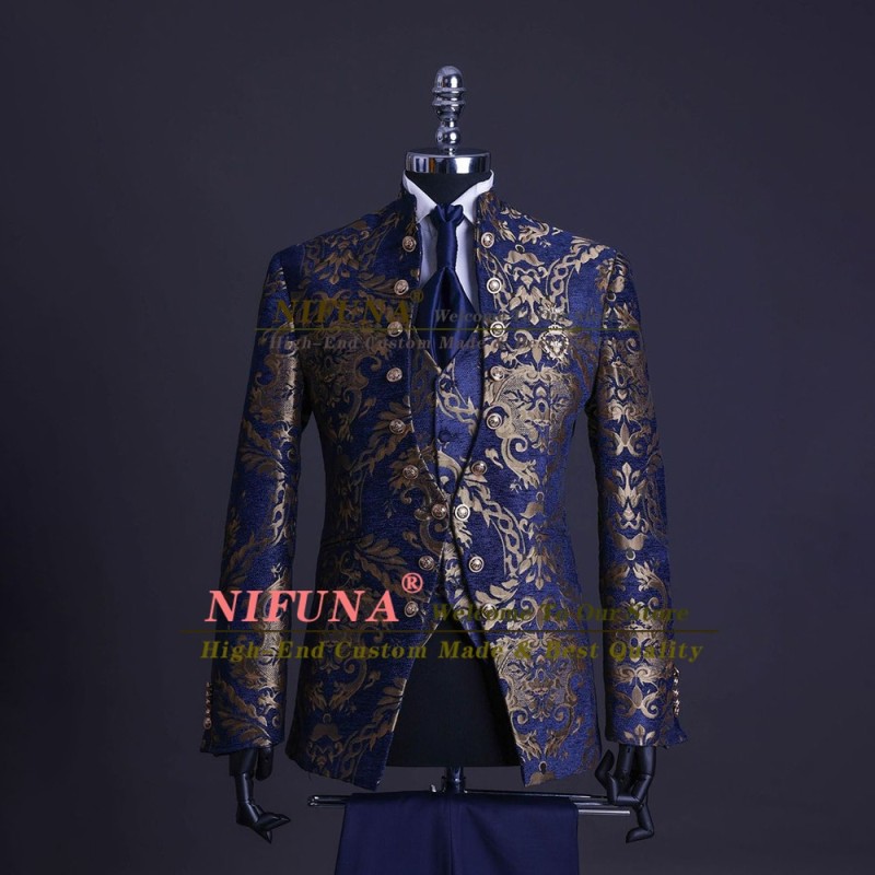 Gold Jacquard and Navy Blue Tuxedo Suits for Men Wedding Groom Party/Evening Suits Slim Fit 3Pcs Jacket+Vest+Pants Costume Homme