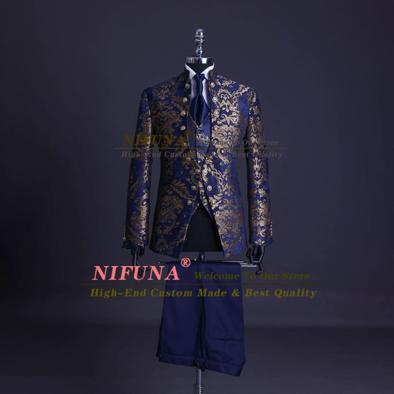 Gold Jacquard and Navy Blue Tuxedo Suits for Men Wedding Groom Party/Evening Suits Slim Fit 3Pcs Jacket+Vest+Pants Costume Homme
