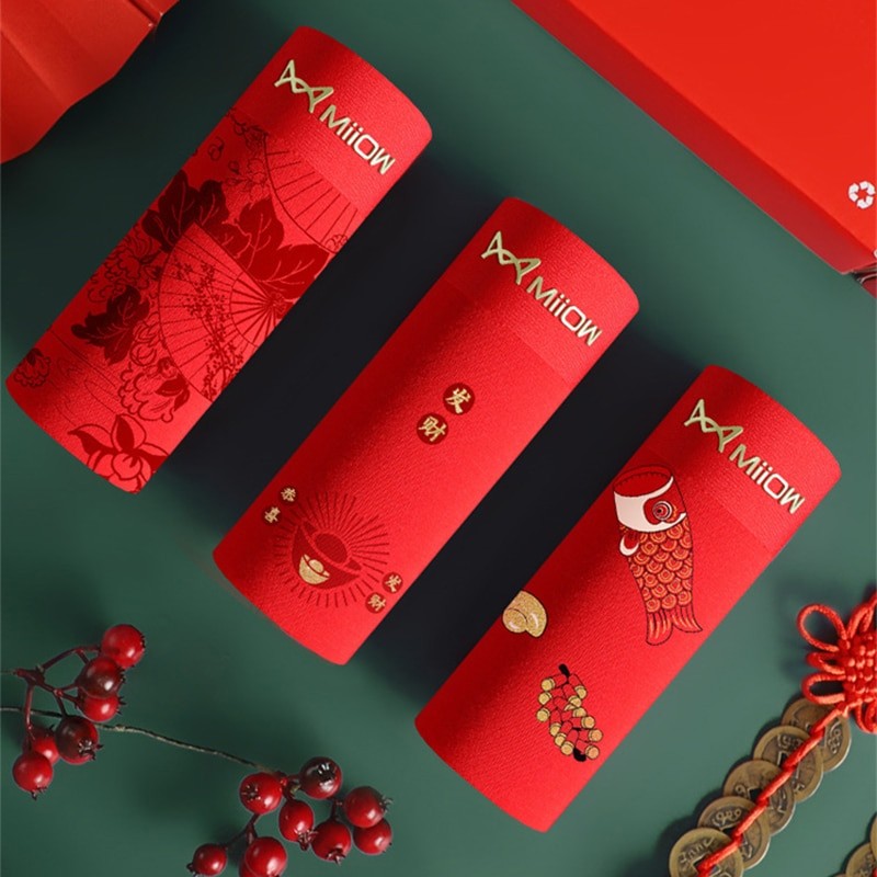 MiiOW 3Pcs Chinared Men Underwear Cotton Boxer Shorts Soft Breathable Boxershorts Trunks Auspicious Print Luck Male Underpants