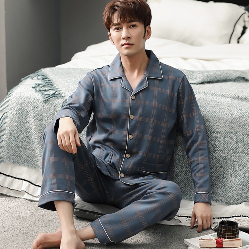 100% Cotton Pijama for Men 2 Pieces Lounge Sleepwear Pyjamas Plaid spring Bedgown Home Clothes Man PJs Pure Cotton Pajamas Set