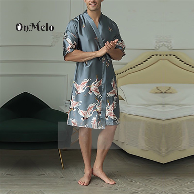 OnMelo Men Silk Summer Autumn Satin Kimono Bathrobe Golden Dragon Knee Length Long Sleeve Bath Robe Dressing Gown Sleepwear