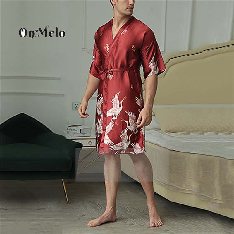 OnMelo Men Silk Summer Autumn Satin Kimono Bathrobe Golden Dragon Knee Length Long Sleeve Bath Robe Dressing Gown Sleepwear